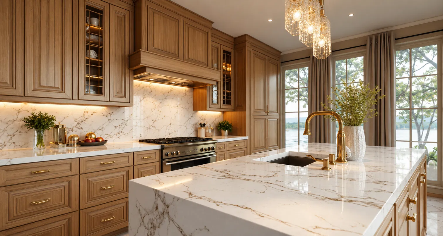 Quartz countertops fabricated by the custom countertop manufacturer for sale in Wisconsin